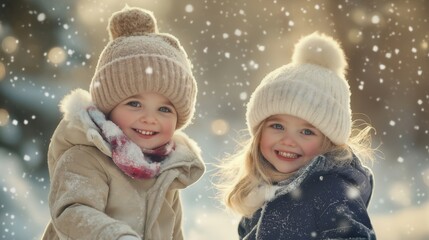 Two smiling children enjoying a snowy day outdoors in winter, wearing warm hats and coats, surrounded by falling snowflakes in a joyful atmosphere