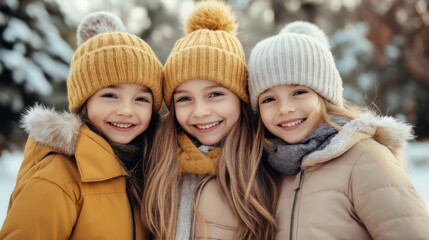 Three smiling girls in cozy winter hats enjoying a snowy day in a park, creating joyful memories together in winter