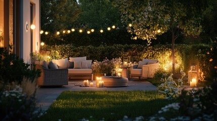 Obraz premium Realistic render of a picturesque summer evening on a suburban house patio, featuring soft garden lights illuminating the space. 