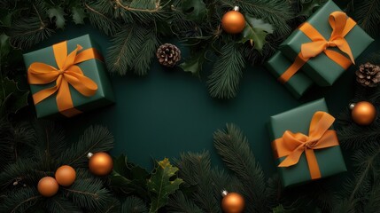 Festive green presents with orange ribbons surrounded by pine branches and ornaments for holiday celebrations at wintertime