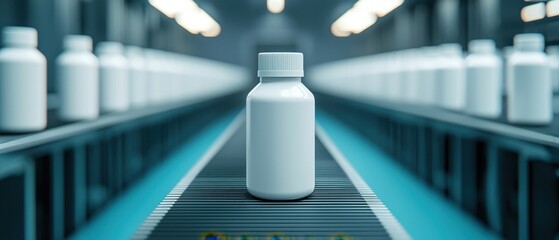A white bottle travels along a production line in a modern industrial facility, highlighting the intricacies of manufacturing and packaging processes in the pharmaceutical sector