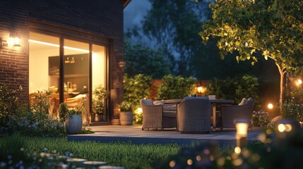 Obraz premium Realistic render of a picturesque summer evening on a suburban house patio, featuring soft garden lights illuminating the space. 