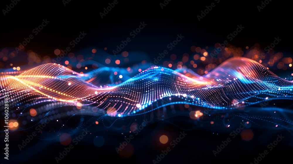 Poster tech-inspired background with luminous circuit patterns, flowing binary code, and pulsating digital 