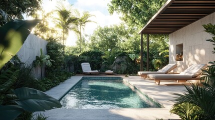 Fototapeta premium Realistic render of a luxury backyard with a pristine pool, elegant sundeck, and comfortable chaise lounges. The design incorporates a vibrant garden and a contemporary pergola