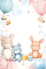Adorable watercolor illustration of cute animals with colorful balloons and toys perfect for baby showers or nursery decor