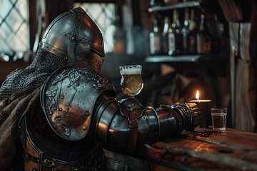 A fantastic royal knight in armor drinks beer at a local bar
