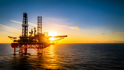 Obraz premium Offshore oil rig drilling platform at sunset. Oil and gas platforms north sea
