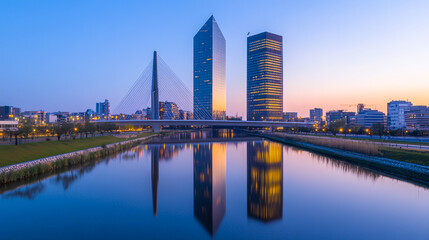 Naklejka premium Modern Cityscape at Twilight with River Reflection