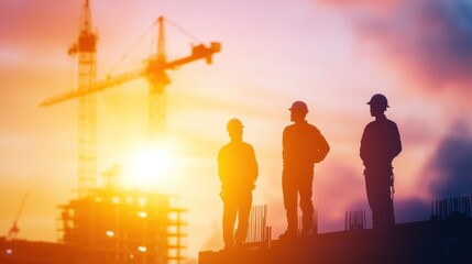 Fototapeta premium Silhouette of three construction workers standing on a building with a crane in the background at sunset.