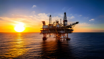 Offshore oil rig drilling platform at sunset. Oil and gas platforms north sea
