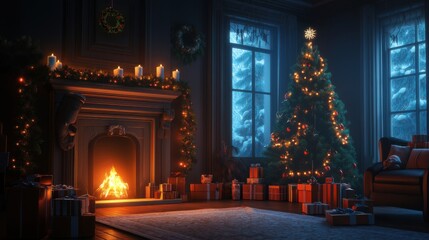 Obraz premium A cozy Christmas living room with a glowing fireplace, decorated tree, and wrapped gifts on a snowy winter evening