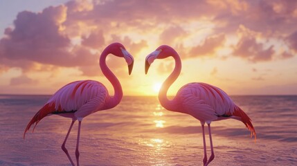 Fototapeta premium Two pink flamingos stand facing each other with their necks forming a heart shape in front of a colorful sunrise over the ocean.