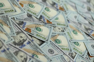 Big amount of american USD hunderd dollar bills banknotes close up