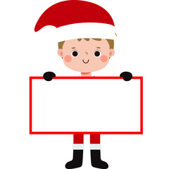 Cute cartoon little kid wearing christmas costume holding blank sign illustration flat style