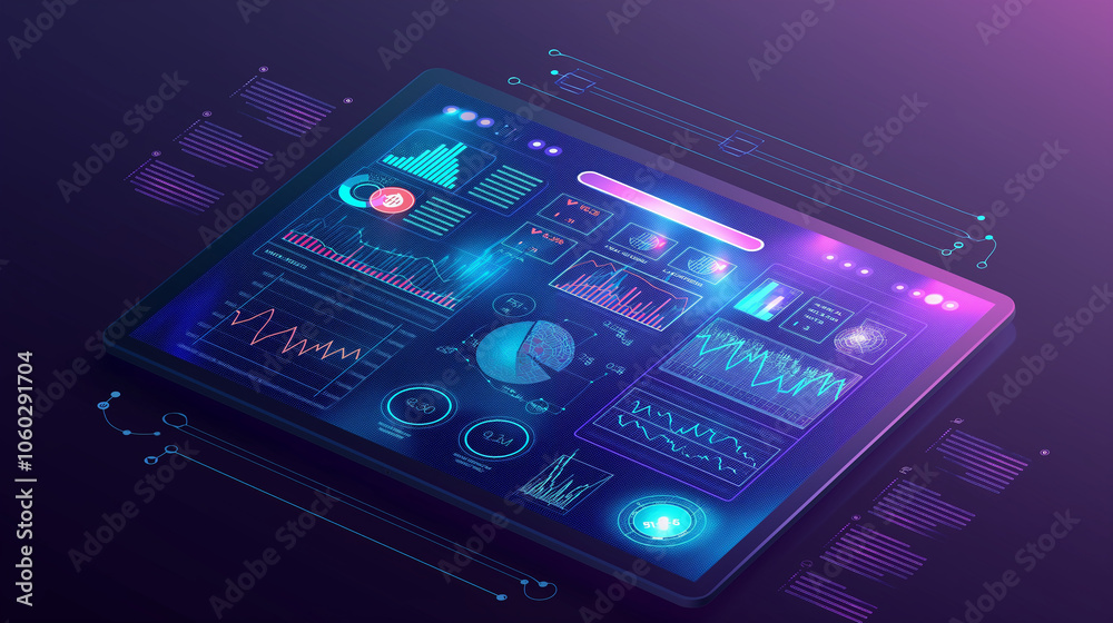 Poster virtual data display with transparent screens, streaming lines of code, and holographic hud elements