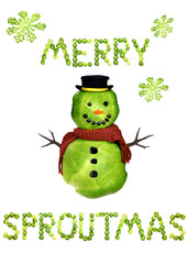 Brussel sprouts spell Merry Christmas, with sprout snow flakes and a happy sproutman