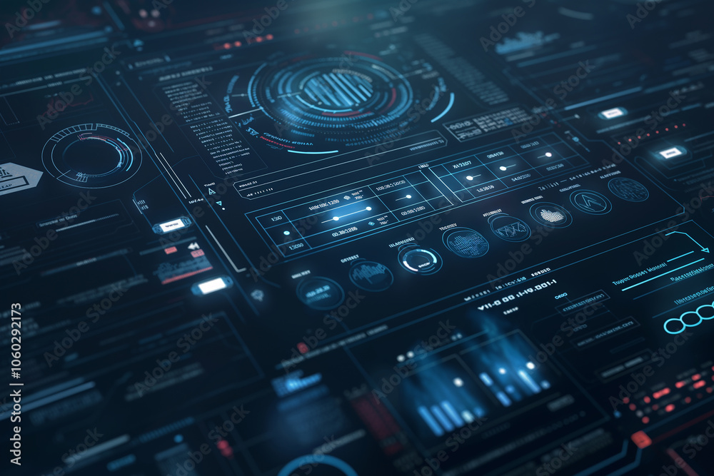 Poster virtual data display with transparent screens, streaming lines of code, and holographic hud elements
