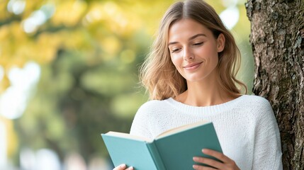 Fototapeta premium Young woman reading a book while sitting against a tree in a serene outdoor setting with autumn foliage.