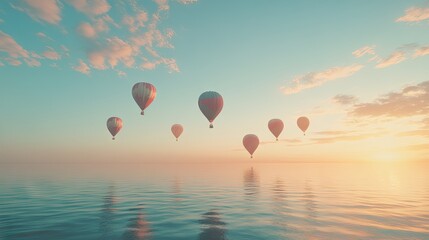 Fototapeta premium Serene Sunset with Colorful Hot Air Balloons Over Water