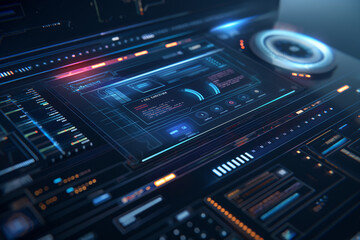 Fototapeta premium Virtual data display with transparent screens, streaming lines of code, and holographic HUD elements over a dark, gradient blue background. futuristic technology background tech wallpaper