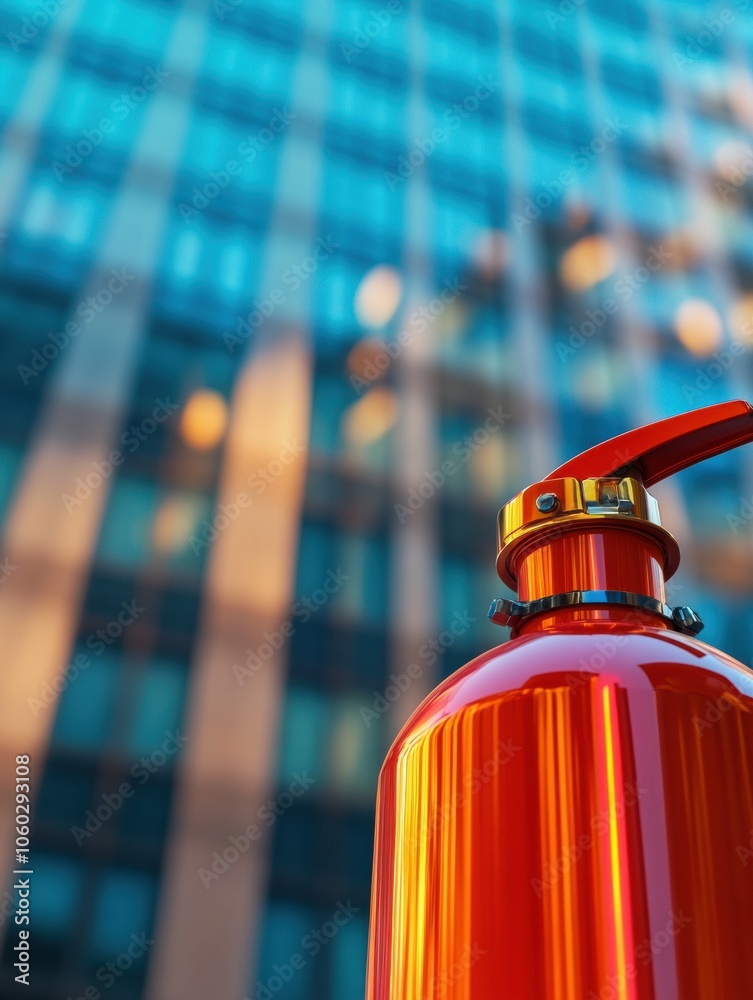 Poster the vibrant fire extinguisher stands out prominently, while a modern building subtly fades in the ba