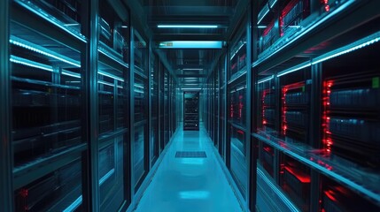 Obraz premium Futuristic Server Room with Blue and Red Lighting