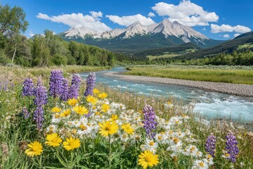 Tranquil Mountain Valley with Wildflowers and Stream