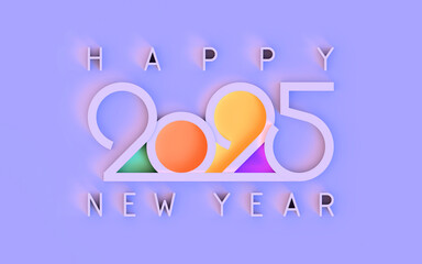 Happy new year 2025 elegant design element with creative unique, simple, modern concept; white 2025 text on light purple background with colorful elements, 3D rendering, illustration