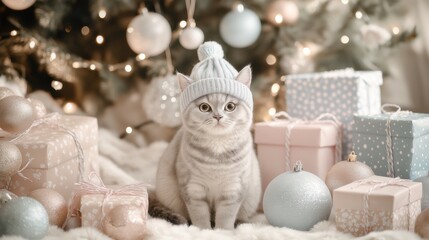 A cute gray cat wearing a knitted hat sits among pastel Christmas presents and ornaments by a decorated tree