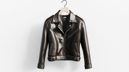 Naklejka premium Realistic 3D render of a woman holding a leather jacket on a hanger, front view, isolated on a white background