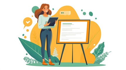 Woman presenting a business plan on a whiteboard.