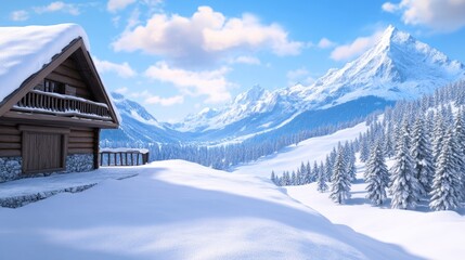 Fototapeta premium Charming wooden chalet in the snowy Alps with breathtaking mountain views on a bright winter day