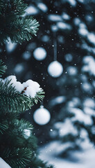Close-up of a snow-covered pine branch with blurred background.