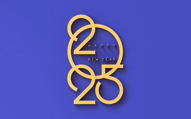 Happy new year 2025 design element idea with creative unique, simple, modern concept; golden 2025 with big zero on purple background, 3d rendering, illustration