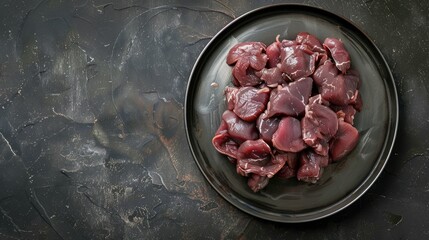 Raw chicken liver and offals on a steel plate, top view on black background with space for text.