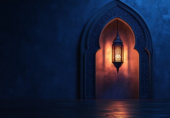 A glowing blue mosque door with arabesque patterns is open, illuminated by candles on the floor and light coming from inside. There is an empty space in front of it. 