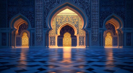 A glowing blue mosque door with arabesque patterns is open, illuminated by candles on the floor and light coming from inside. There is an empty space in front of it. 