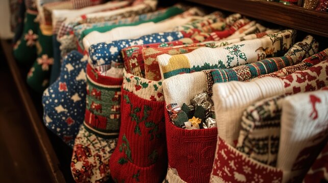 A row of festive Christmas stockings filled with treats and gifts