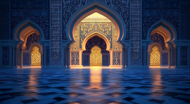 A glowing blue mosque door with arabesque patterns is open, illuminated by candles on the floor and light coming from inside. There is an empty space in front of it. 