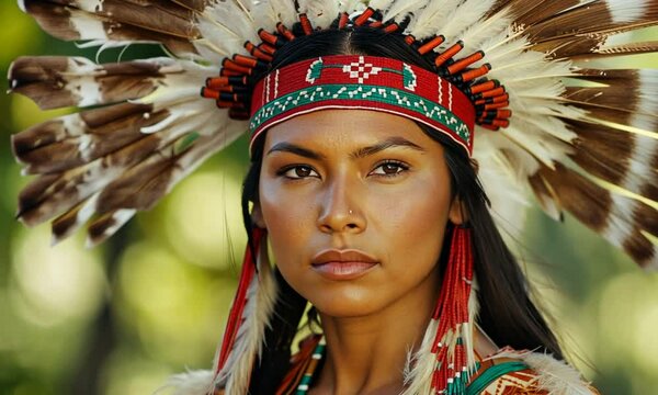 Beautiful traditional Native American woman, National Native American Heritage Month november, reminder of historical and cultural event