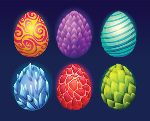 Set of six dragon eggs with unique colors and textures, glowing vibrantly. Vector cartoon illustration