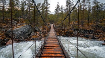 Obraz premium Pedestrian suspension bridge over a turbulent rivulet. Taiga of Eastern Siberia. Buryatia. Russia