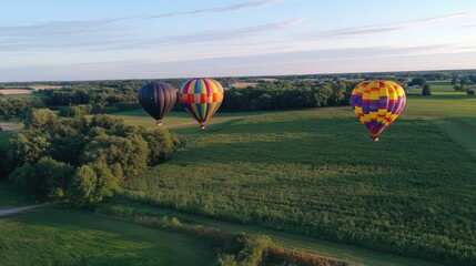 Obraz premium Colorful Hot Air Balloons Over Green Landscape