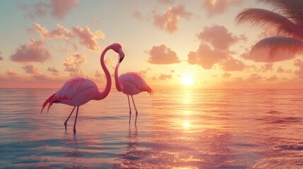 Fototapeta premium Two pink flamingos stand in shallow water at sunrise, with a palm tree in the background.