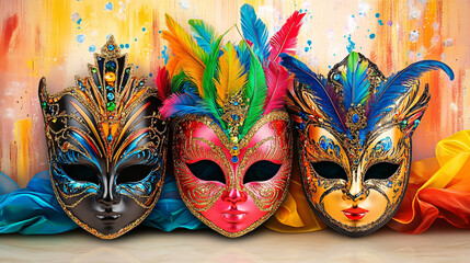 three decorative masquerade masks arranged artistically, carnival vibes