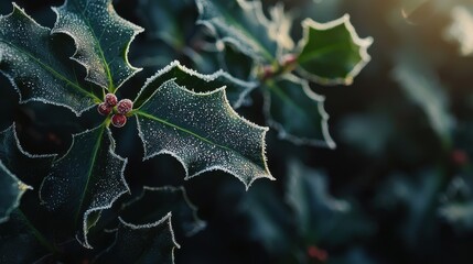 Fototapeta premium A close-up of holly leaves covered in frost glistening in the soft light of a winter solstice morning. The detailed texture and natural beauty make this image ideal for winter-themed promotions