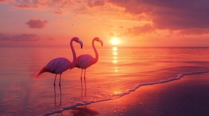 Fototapeta premium Two pink flamingos stand in shallow water at sunset, looking at each other. The sun is setting over the horizon, casting an orange glow on the water and sky.