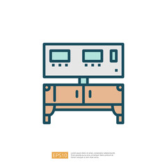 A minimalist illustration of a modern TV stand featuring two screens on top, showcasing a sleek design suitable for contemporary living spaces.