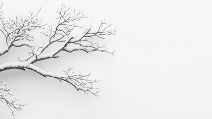Fototapeta premium Snow-covered tree branches forming gentle curves against a smooth white background creating a minimalist winter scene with room for text
