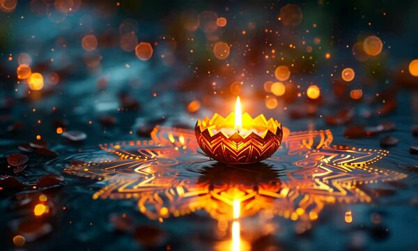 Colorfull of cay diya lamps with mandala pattern lit during diwali celebration, Diwali, or Deepavali, is India's biggest and most important holiday.
